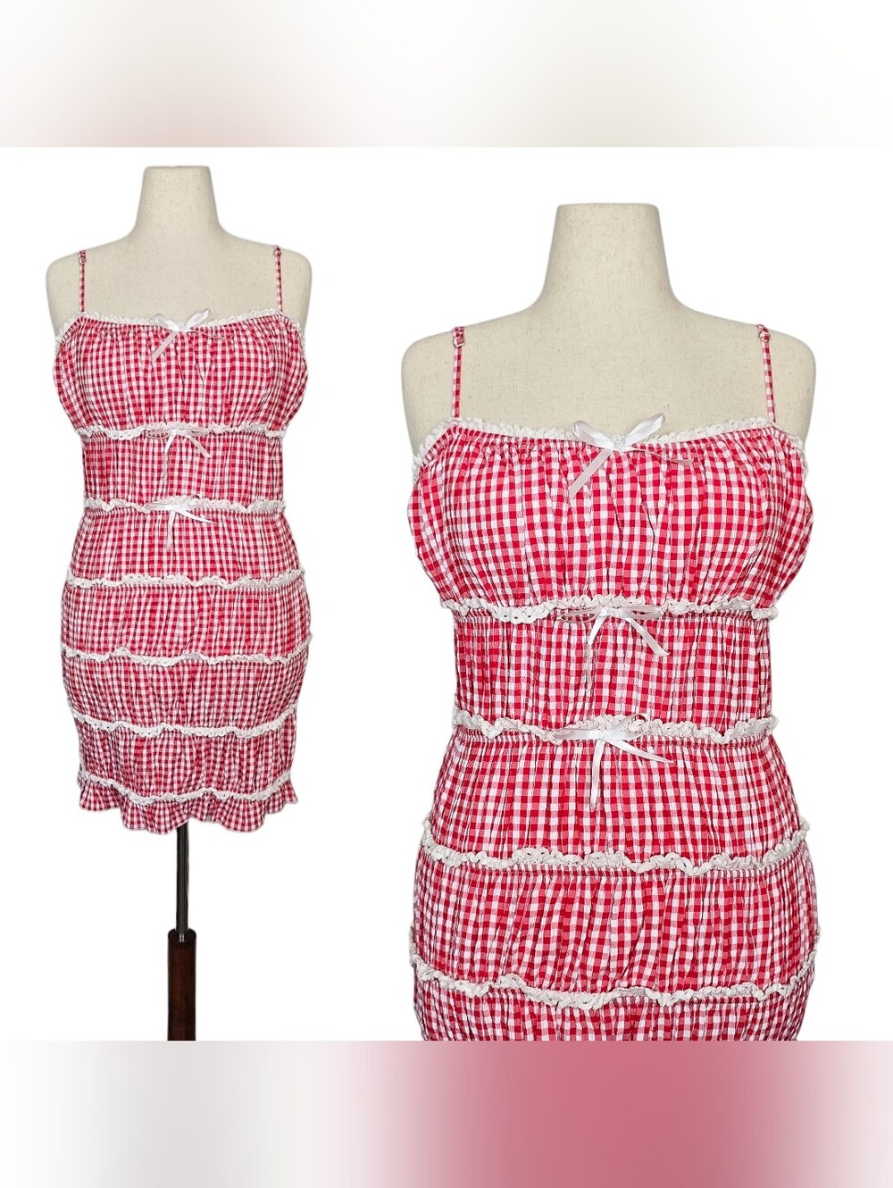 Gingham Mini Dress Red White Checkered Picnic Tiered Bows Summer Festival Retro